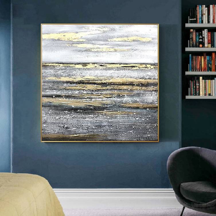 Grey Original Handmade Gold Contemporary Sunset Abstract Canvas Artwork RZ8QI